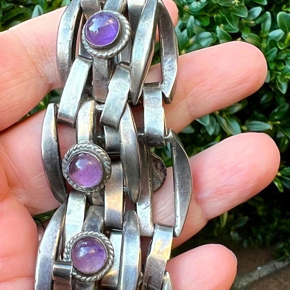 VINTAGE TAXCO MEXICO AMETHYST CABOCHON STERLING BRACELET HEAVY 70 GR STATEMENT